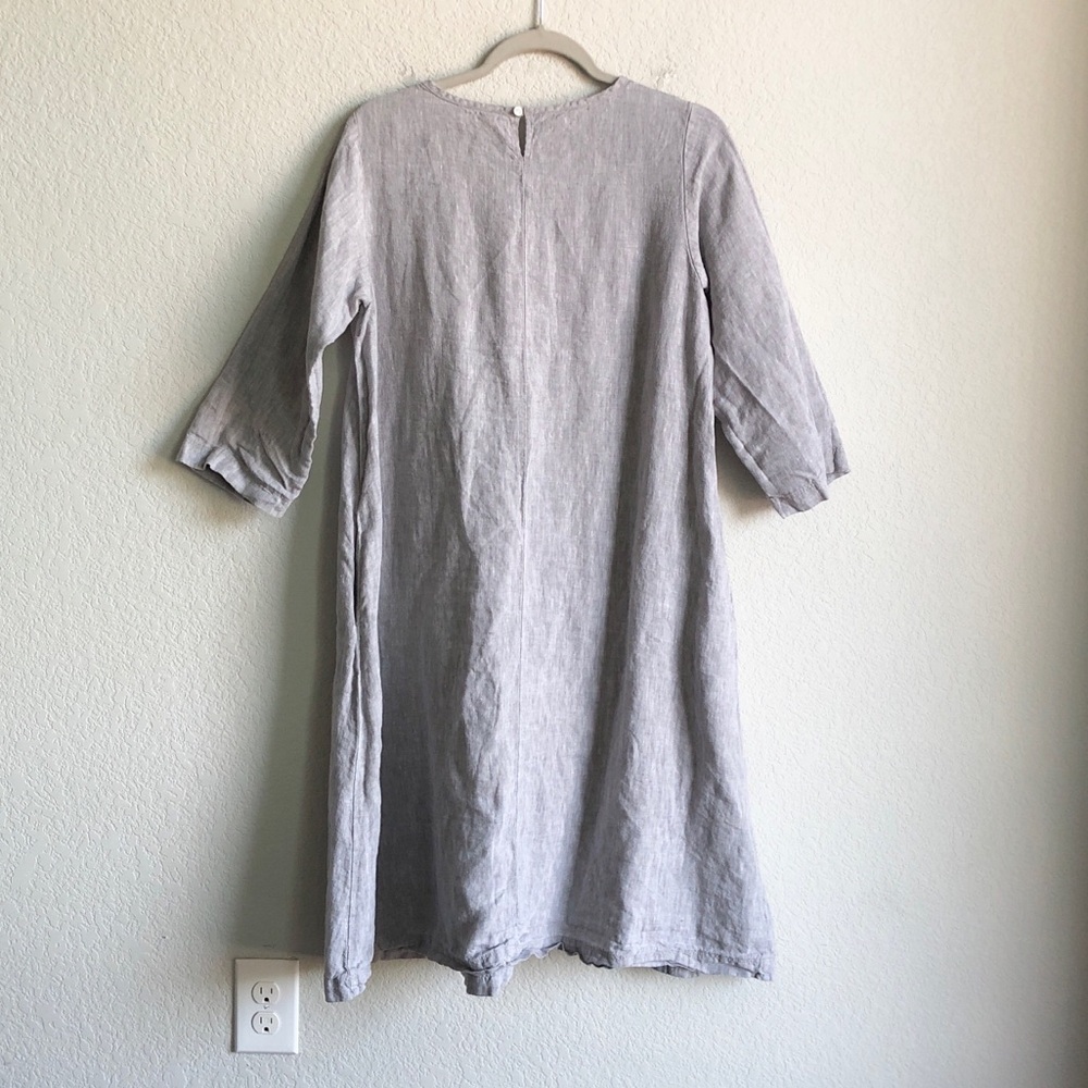 Muji Linen 3/4 Sleeve Pocket Dress Heathered Grey Medium Lagenlook Layering - Picture 5 of 16